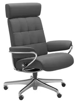 Scaun birou Stressless London cu tetiera ajustabila tapiterie piele Batik Grey imagine
