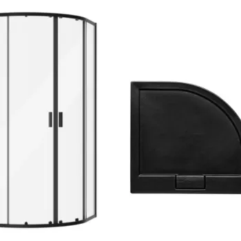 Set cabina de dus semirotunda Besco Zarya Black 90x90cm si cadita de dus Axim Stone Effect Black imagine