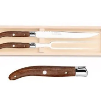 Set Claude Dozorme Laguiole 2P Carving cutit + furculita cu maner lemn exotic bolster inox 2 piese cutie lemn fag imagine