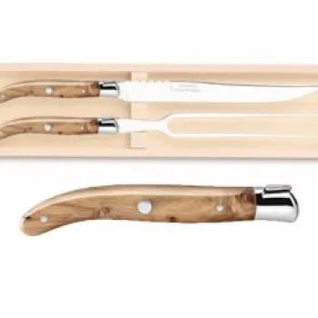 Set Claude Dozorme Laguiole 2P Carving cutit + furculita cu maner lemn ienupar bolster inox 2 piese cutie lemn fag imagine