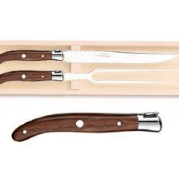 Set Claude Dozorme Laguiole 2P Carving cutit + furculita cu maner lemn trandafir bolster inox 2 piese cutie lemn fag imagine
