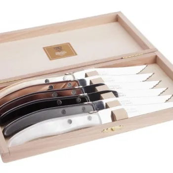 Set cutite Claude Dozorme Berlingot cu maner rasina mix gri - maro 6 piese cutie lemn fag imagine