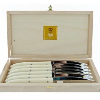 Set cutite friptura Claude Dozorme Capucin cu maner rasina crem 6 piese cutie lemn fag imagine