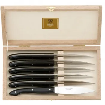 Set cutite friptura Claude Dozorme Capucin cu maner rasina negru 6 piese cutie lemn fag imagine