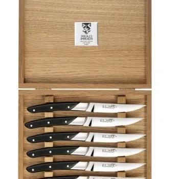 Set cutite friptura Claude Dozorme Classic Le Thiers Art Deco cu maner din lemn abanos 6 piese bolster inox cutie lemn stejar imagine