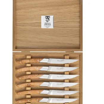 Set cutite friptura Claude Dozorme Classic Le Thiers Art Deco cu maner din lemn ienupar 6 piese bolster inox cutie lemn stejar imagine