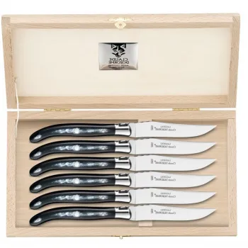 Set cutite friptura Claude Dozorme Laguiole cu maner corn negru 6 piese bolster otel cutie lemn fag imagine