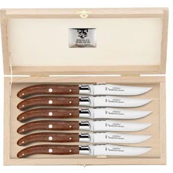 Set cutite friptura Claude Dozorme Laguiole cu maner lemn exotic 6 piese bolster otel cutie lemn fag imagine