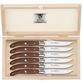 Set cutite friptura Claude Dozorme Laguiole cu maner lemn trandafir 6 piese bolster otel cutie lemn fag imagine