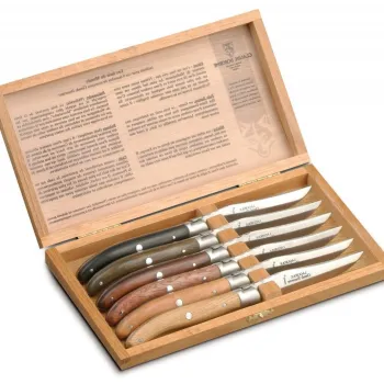 Set cutite friptura Claude Dozorme Laguiole maner lemn mix 6 piese bolster inox cutie lemn stejar imagine