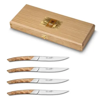 Set cutite friptura Claude Dozorme Le Thiers Art Deco cu maner din lemn ienupar 4 piese cutie lemn stejar imagine