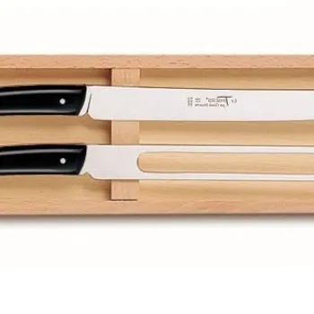 Set tacamuri Claude Dozorme Classic Le Thiers 2P Carving cutit + furculita maner rasina negru 2 piese cutie lemn fag imagine