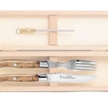 Set tacamuri Claude Dozorme Laguiole  maner lemn ienupar  2 piese  cutie lemn fag imagine