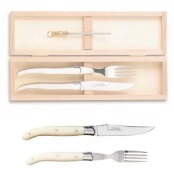 Set tacamuri Claude Dozorme Laguiole maner rasina ivory 2 piese cutie lemn fag imagine