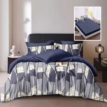 Lenjerie de pat finet 6 piese, cearceaf pat cu elastic, cearceaf pilota 200x230, 2 fete perna 50x70, 2 fete perna 70x70, Extra, Albastru geometric imagine