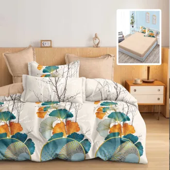 Lenjerie de pat finet 6 piese, cearceaf pat cu elastic, cearceaf pilota 200x230, 2 fete perna 50x70, 2 fete perna 70x70, Extra, Crem-Turcoaz imagine