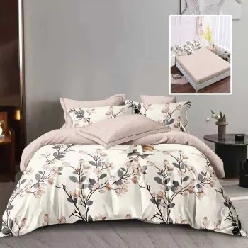 Lenjerie de pat finet 6 piese, cearceaf pat cu elastic, cearceaf pilota 200x230, 2 fete perna 50x70, 2 fete perna 70x70, Extra, Flori Crem imagine