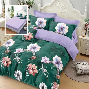 Lenjerie de pat finet 6 piese, cearceaf pat cu elastic, cearceaf pilota 200x230, 2 fete perna 50x70, 2 fete perna 70x70, Extra, Green-Purple imagine