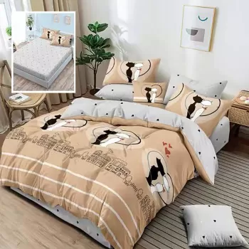Lenjerie de pat finet 6 piese, cearceaf pat cu elastic, cearceaf pilota 200x230, 2 fete perna 50x70, 2 fete perna 70x70, Extra, pisici crem imagine