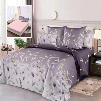 Lenjerie de pat finet 6 piese, cearceaf pat cu elastic, cearceaf pilota 200x230, 2 fete perna 50x70, 2 fete perna 70x70, Extra, roz-mov flori imagine