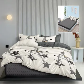 Lenjerie de pat finet 6 piese, cearceaf pat cu elastic, cearceaf pilota 200x230, 2 fete perna 50x70, 2 fete perna 70x70, Extra, Stelute imagine