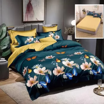 Lenjerie de pat finet 6 piese, cearceaf pat cu elastic, cearceaf pilota 200x230, 2 fete perna 50x70, 2 fete perna 70x70, Extra, verde cu galben imagine