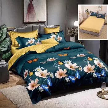 Lenjerie de pat finet 6 piese, cearceaf pat cu elastic, cearceaf pilota 200x230, 2 fete perna 50x70, 2 fete perna 70x70, Extra, verde cu galben imagine