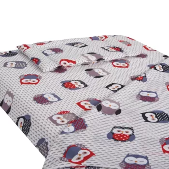 Lenjerie patut bebe, SomnART, cearceaf pat 60x120x10 cu elastic, cearceaf pilota 80x110, perna joasa 20x35, Bufnite Mici imagine