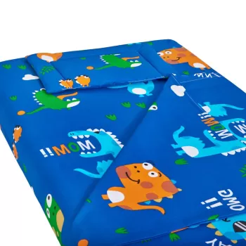 Lenjerie patut bebe, SomnART, cearceaf pat 60x120x10 cu elastic, cearceaf pilota 80x110, perna joasa 20x35, Dinozauri imagine