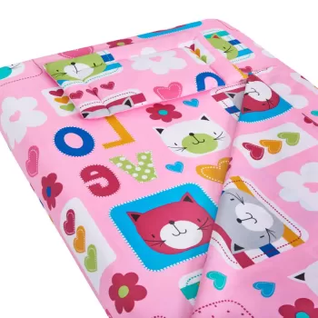 Lenjerie patut bebe, SomnART, cearceaf pat 60x120x10 cu elastic, cearceaf pilota 80x110, perna joasa 20x35, Pisicute imagine