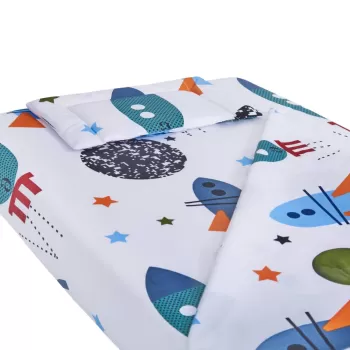 Lenjerie patut bebe, SomnART, cearceaf pat 60x120x10 cu elastic, cearceaf pilota 80x110, perna joasa 20x35, Rachete imagine