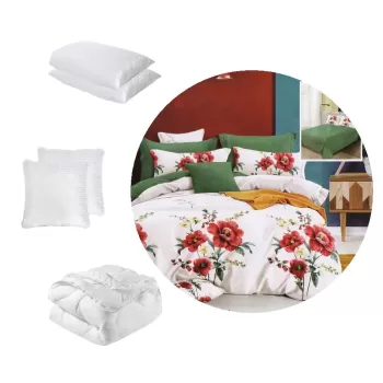 Pachet 1 Lenjerie de pat finet 6 piese, cearceaf pat clasic, Flori de camp + 1 pilota 200x220 + 2 perne 50x70 + 2 perne 70x70 imagine