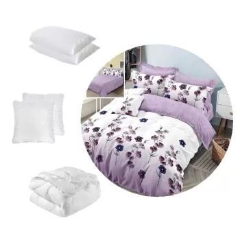 Pachet 1 Lenjerie de pat finet 6 piese, cearceaf pat clasic, Floricele Mov + 1 pilota 200x220 + 2 perne 50x70 + 2 perne 70x70 imagine