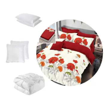 Pachet 1 Lenjerie de pat finet Extra 6 piese, cearceaf pat cu elastic model Rosu cu maci + 1 pilota 200x220 + 2 perne 50 x 70 + 2 perne 70x70 imagine