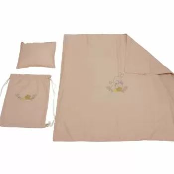 Set paturica + perna + rucsac SomnArt, cu broderie, din in, Crem imagine