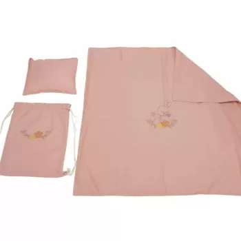 Set paturica + perna + rucsac SomnArt, cu broderie, din in, Roz imagine