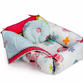 Set reductor bebe nest + paturica + pernuta pentru formarea capului bebelusului SomnArt, model fluturi, Bleu imagine