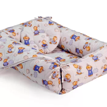 Set reductor bebe nest + paturica + pernuta pentru formarea capului bebelusului SomnArt, model ursuleti, Alb/Albastru imagine