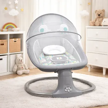 Balansoar copii 3 in 1, Electric, cu Plasa Tantari, Perna Detasabila, Jucarii, USB, Bluetooth, Telecomanda, 0-3 ani, Gri imagine