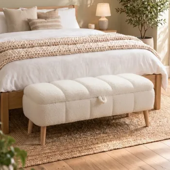 Bancheta Tapiata Boucle Alb-Crem cu Depozitare 90x35x45cm Design Scandinav imagine