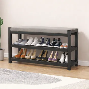 Bancuta suport pantofi metalica cu 3 rafturi si sezut tapitat - 80 cm imagine