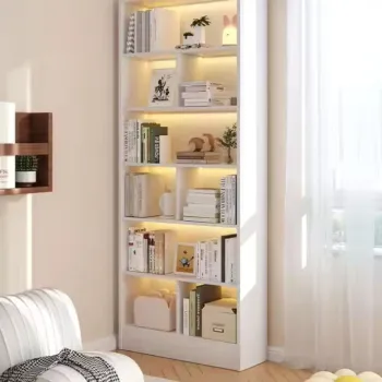 Biblioteca cu 6 rafturi deschise si iluminare LED, cadru lemn - alb/stejar negru, 180x60x24 cm imagine