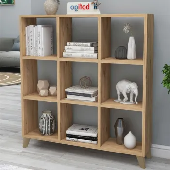 Biblioteca Cub cu 9 compartimente si rafturi, etajera carti 100 x 100 cm, cutii organizatoare design geometric modern, PAL melaminat 18 mm clasa E1, asezabila vertical sau orizontal ca bancuta, stil scandinav imagine