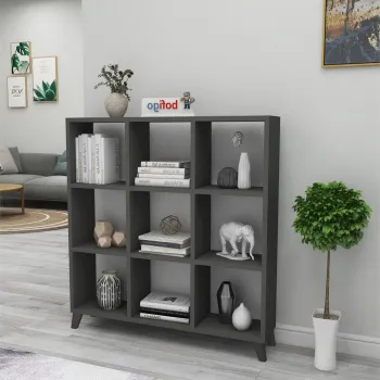 Biblioteca Cub cu 9 compartimente si rafturi, etajera carti 100 x 100 cm, cutii organizatoare design geometric modern, PAL melaminat 18 mm clasa E1, asezabila vertical sau orizontal ca bancuta, stil scandinav imagine