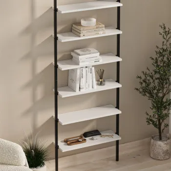 Biblioteca de perete cu 6 rafturi metalice, etajera plutitoare 90 x 100 cm, polite PAL melaminat 18 mm + suporti metalici negri, elibereaza spatiul de pe podea, accesorii fixare incluse, stil modern loft imagine