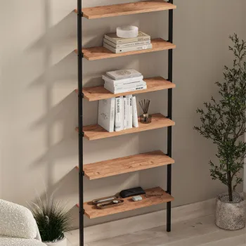 Biblioteca de perete cu 6 rafturi metalice, etajera plutitoare 90 x 100 cm, polite PAL melaminat 18 mm + suporti metalici negri, elibereaza spatiul de pe podea, accesorii fixare incluse, stil modern loft imagine