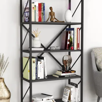 Biblioteca decorativa cu 5 rafturi, etajera metal si PAL, raft carti living sau birou 60 x 160 cm, cadru metalic stil industrial, polite PAL melaminat 18 mm clasa E1, montaj simplu, stil modern loft imagine