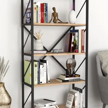 Biblioteca decorativa cu 5 rafturi, etajera metal si PAL, raft carti living sau birou 60 x 160 cm, cadru metalic stil industrial, polite PAL melaminat 18 mm clasa E1, montaj simplu, stil modern loft imagine