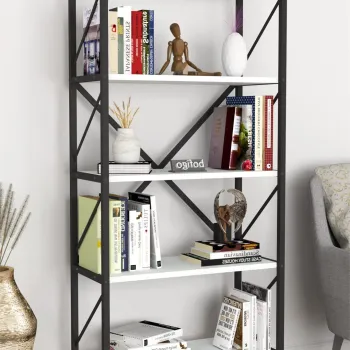 Biblioteca decorativa cu 5 rafturi, etajera metal si PAL, raft carti living sau birou 60 x 160 cm, cadru metalic stil industrial, polite PAL melaminat 18 mm clasa E1, montaj simplu, stil modern loft imagine
