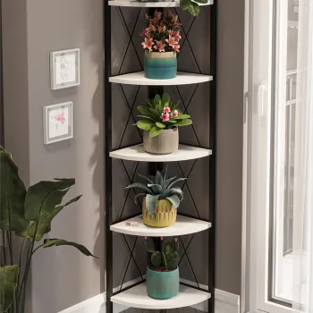 Biblioteca metalica de colt cu 5 rafturi, etajera colt 30 x 170 cm, cadru metalic negru stil industrial, rafturi triunghiulare PAL melaminat 18 mm, optimizeaza spatiul living birou sau dormitor, stil loft imagine